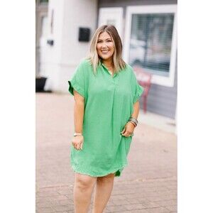 Umgee Green Boutique Dress Linen Blend Distressed Bottom Size Medium Preloved